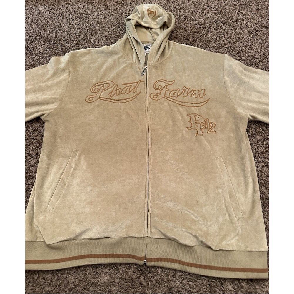 Vintage Phat Farm Suede Sweatshirt Beige Spell Out Hoodie Full Zip 90's Size XL